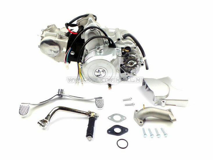 Engine, 70cc, manual clutch, 4-speed, top starter motor, silver