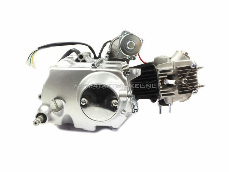 Engine, 50cc, manual clutch, 4-speed, top starter motor, silver