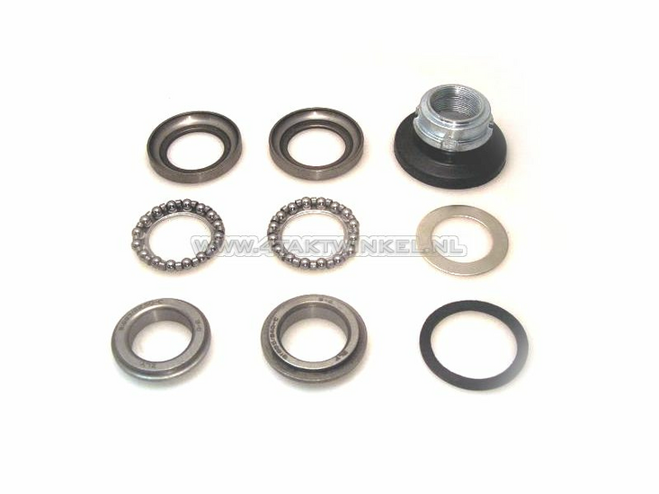 Steering bearing set, ball rings &amp; adjusting nut, fits SS50, CD50, Dax, CB50