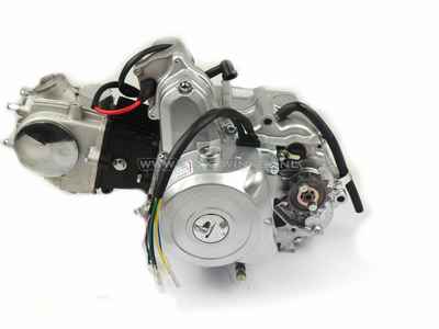 Engine, 50cc, manual clutch, 4-speed, top starter motor, silver