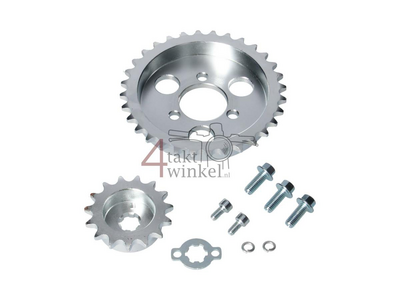 Front sprocket and rear sprocket, Replica Dax, with 7mm offset, 15-38